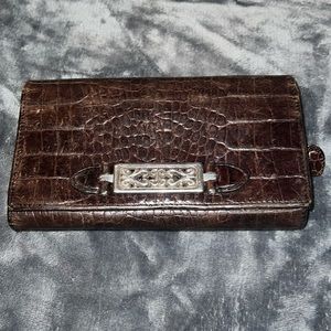 BRIGHTON vintage Brown Croc Leather Full Wallet W/Hearts/Silver accent